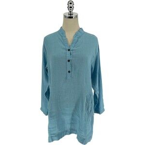 California Threads Tunic Top Women's Size Small Linen Blue Solid Coastal